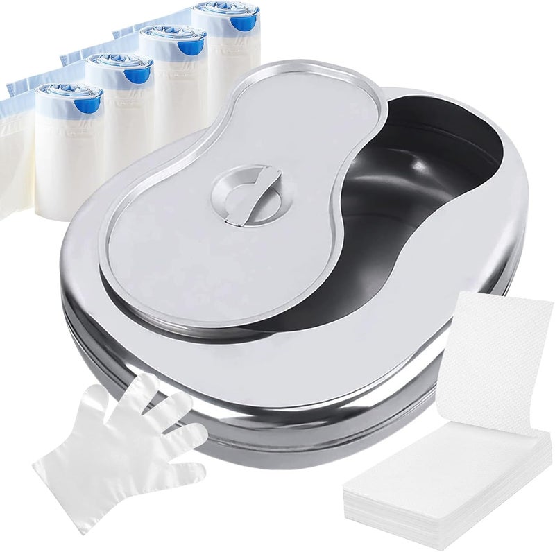 HAOAD Store Stainless Steel Bed Pan Set with 60 Bedpan Liners Disposable and Absorbent Pad, Bed Pans for Elderly Females Spill Proof Bedpans for Elderly Women Men Comfortable Heavy Duty Bedpans with Lid - Image 1